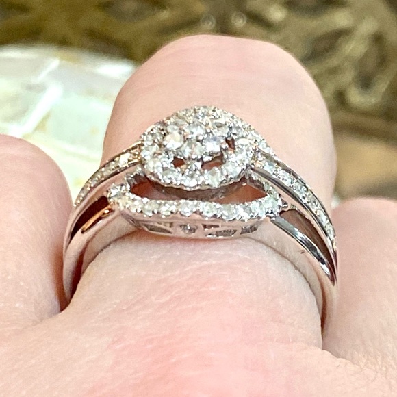 Genuine 1 Carat Diamond Flower Cluster Double Halo Ring ~ Triple Band Ring - Picture 11 of 15